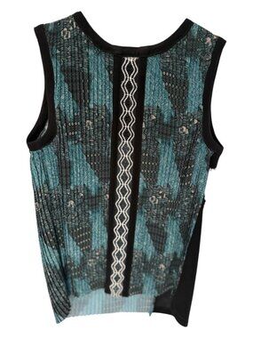 Yigal Azrouël Pleated Abstract Print Top w Lace Panel | Sleeveless Designer Blou